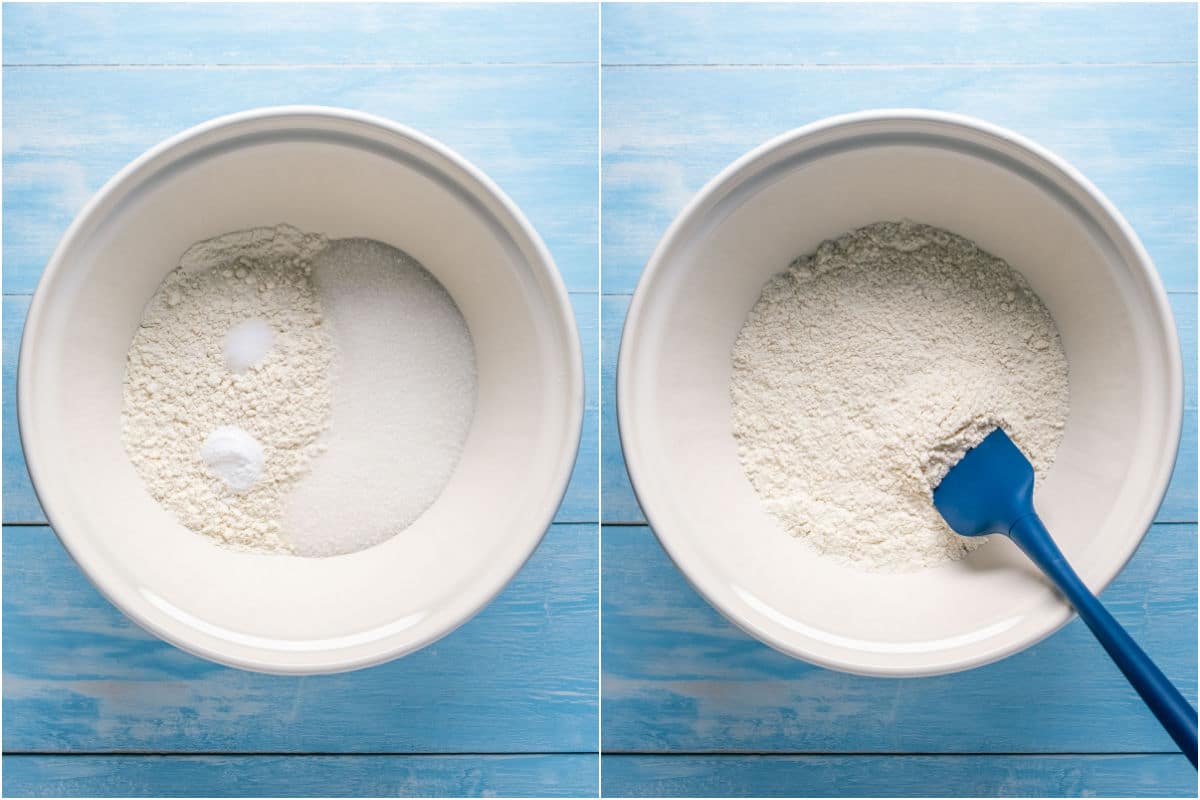 Dry ingredients added to mixing bowl and mixed.