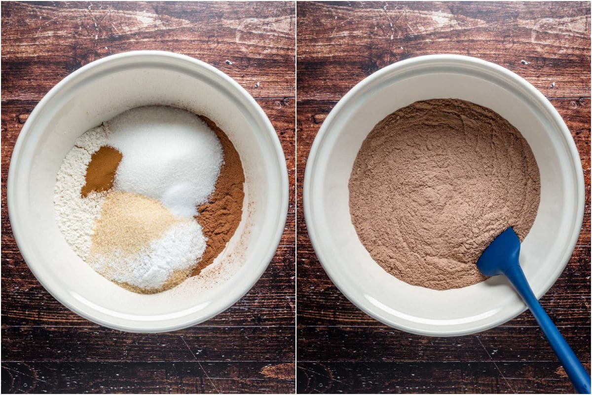 Dry ingredients added to mixing bowl and mixed.