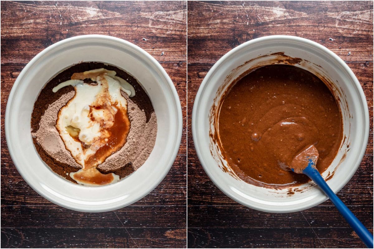 Wet ingredients added to mixing bowl and mixed into a batter.