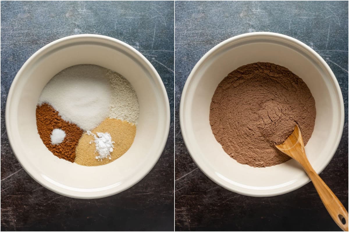 Collage of two photos showing dry ingredients added to mixing bowl and mixed.