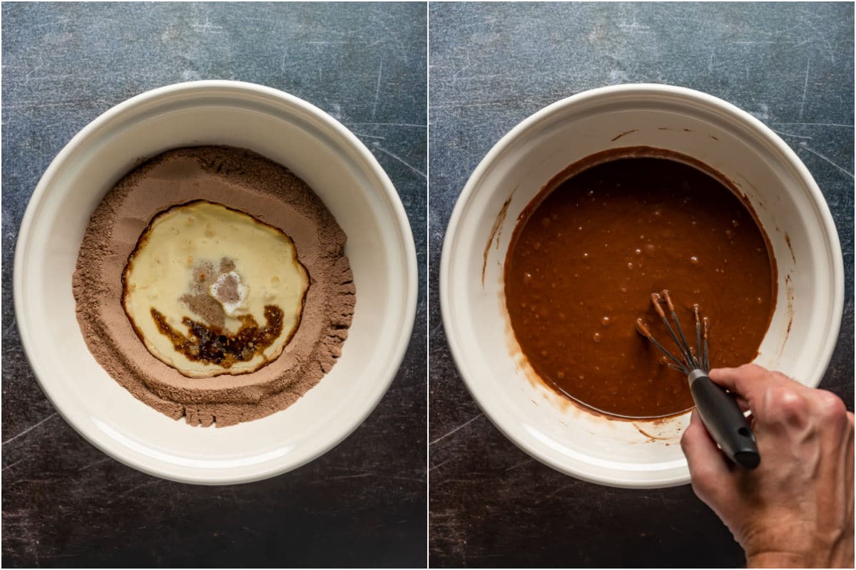 Two photo collage showing wet ingredients added to dry and mixed into a cake batter.