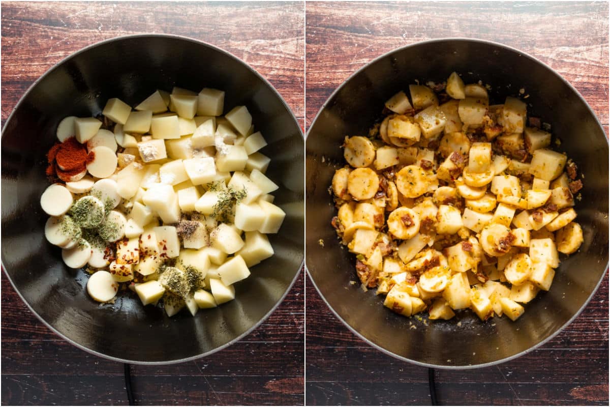 Hearts of palm, potatoes and spices added to pot and mixed in.