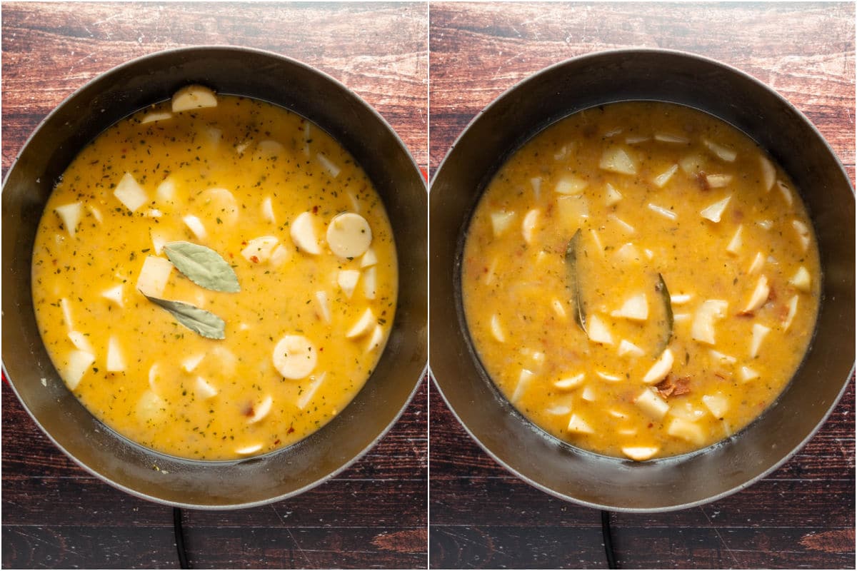 Bay leaves added to the pot and then the chowder simmered until cooked.