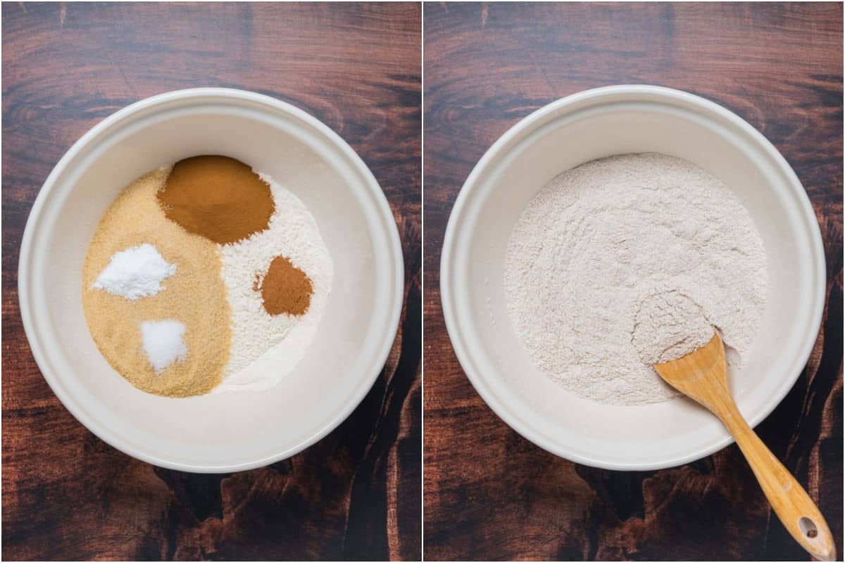 Two photo collage showing dry ingredients added to mixing bowl and mixed together.