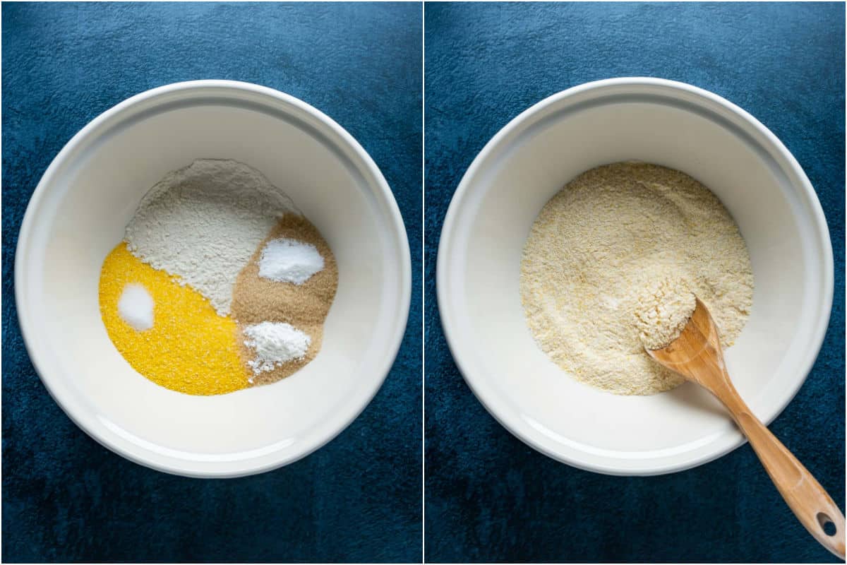 Two photo collage showing dry ingredients added to mixing bowl and mixed together.