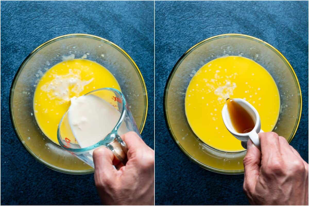 Two photo collage showing vegan buttermilk and maple syrup added to melted vegan butter.