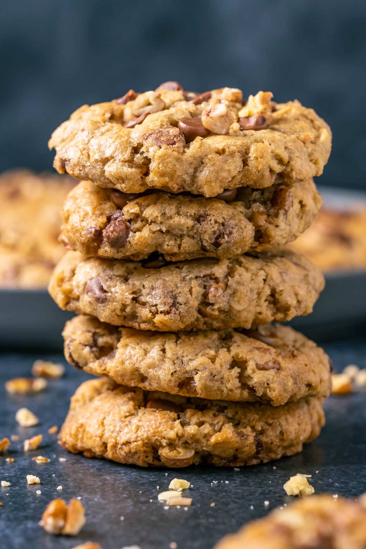 Cowboy cookies in a stack.