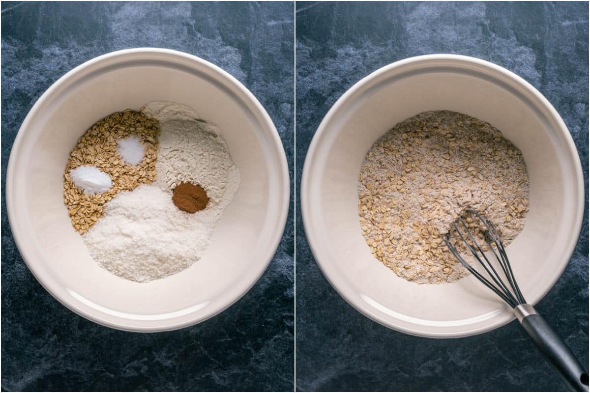 Dry ingredients added to mixing bowl and mixed.