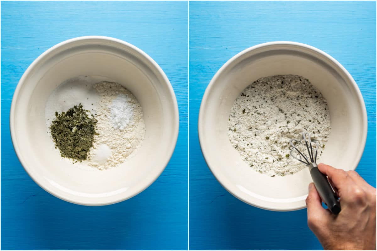 Ingredients for batter added to mixing bowl and mixed.