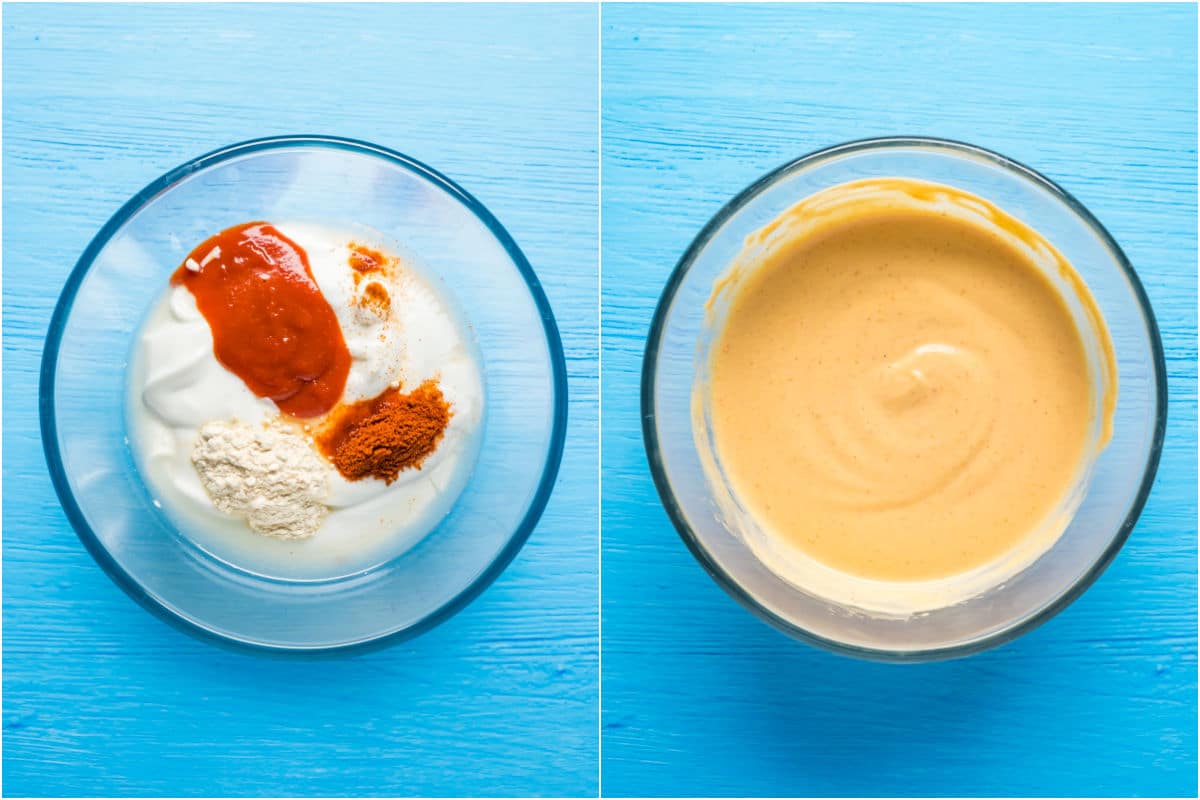 Adding sauce ingredients to a mixing bowl and mixing.