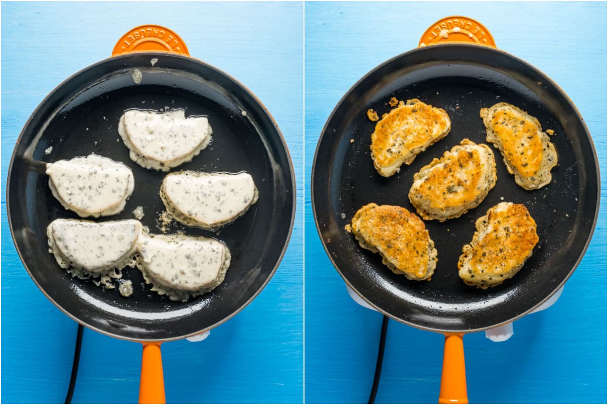 Adding beer battered celeriac to a frying pan and then flipping.