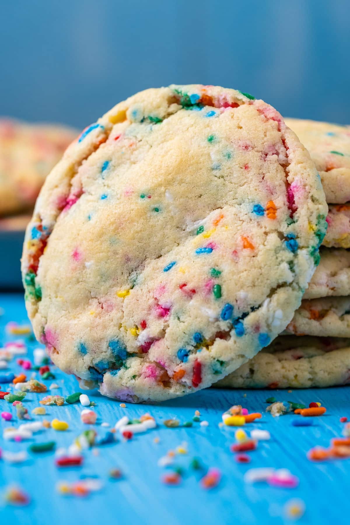 Vegan funfetti cookies in a stack.