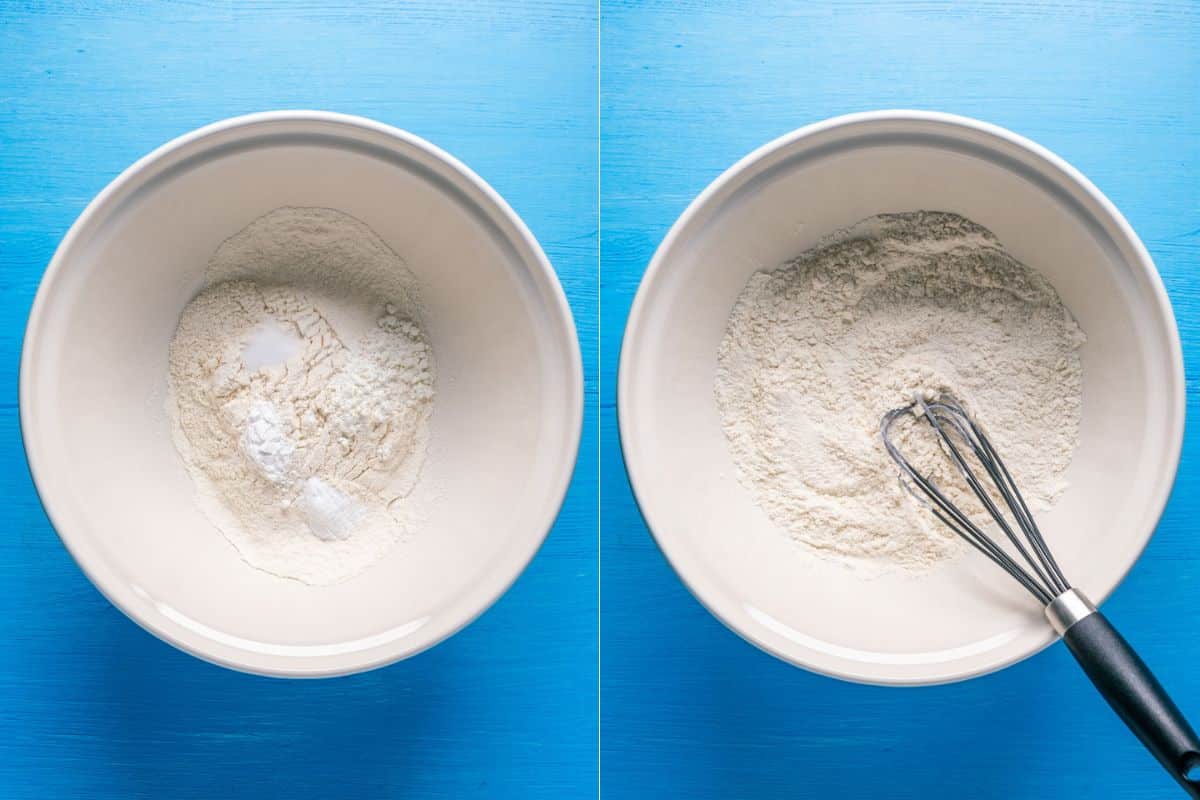 Dry ingredients added to mixing bowl and mixed.