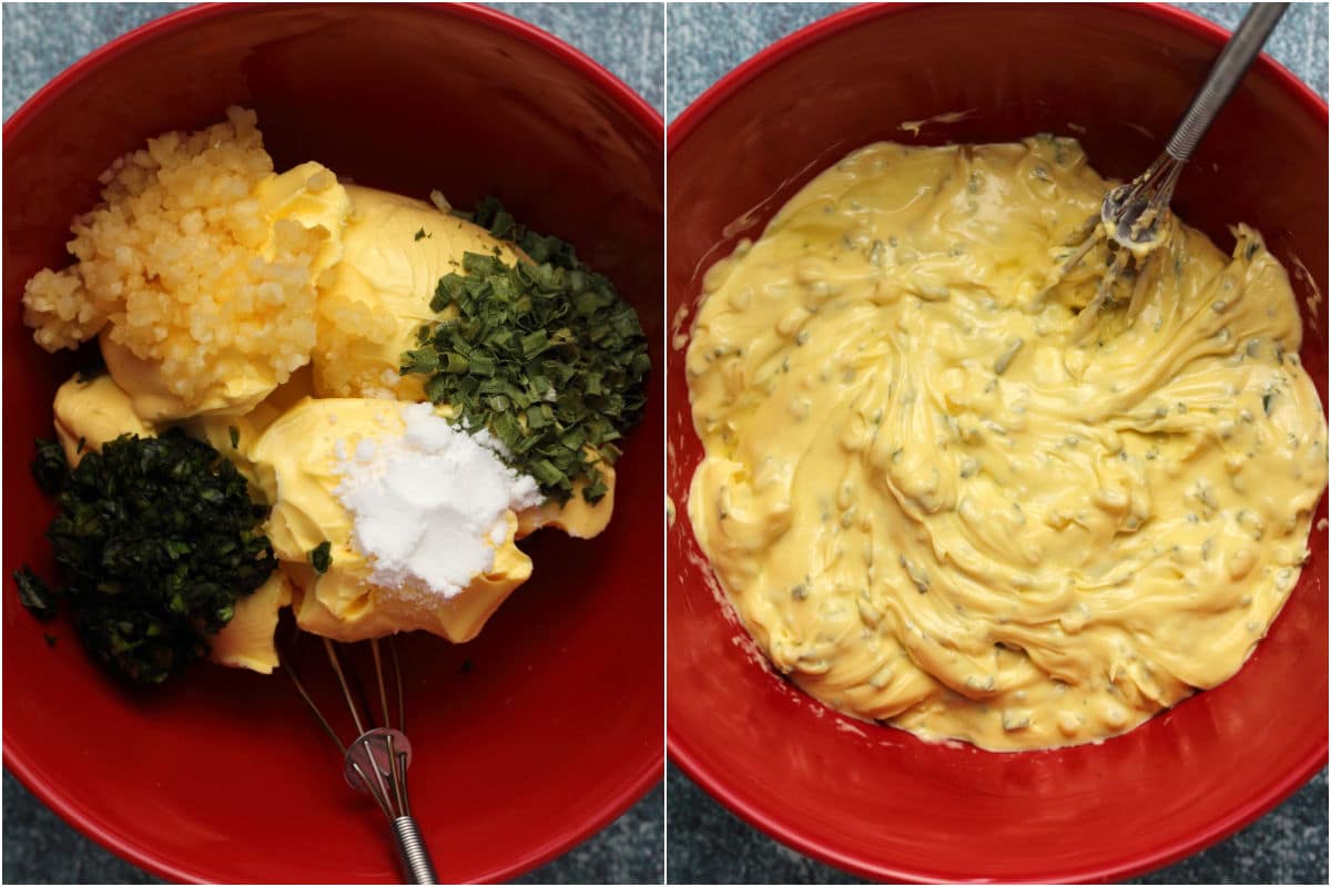 Vegan butter and herbs and spices added to bowl and mixed.