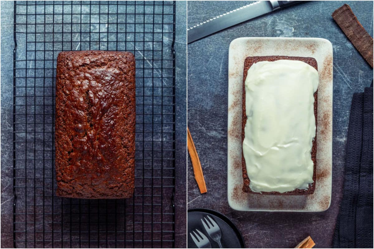 Baked loaf on a wire cooling rack and then frosted on a plate.