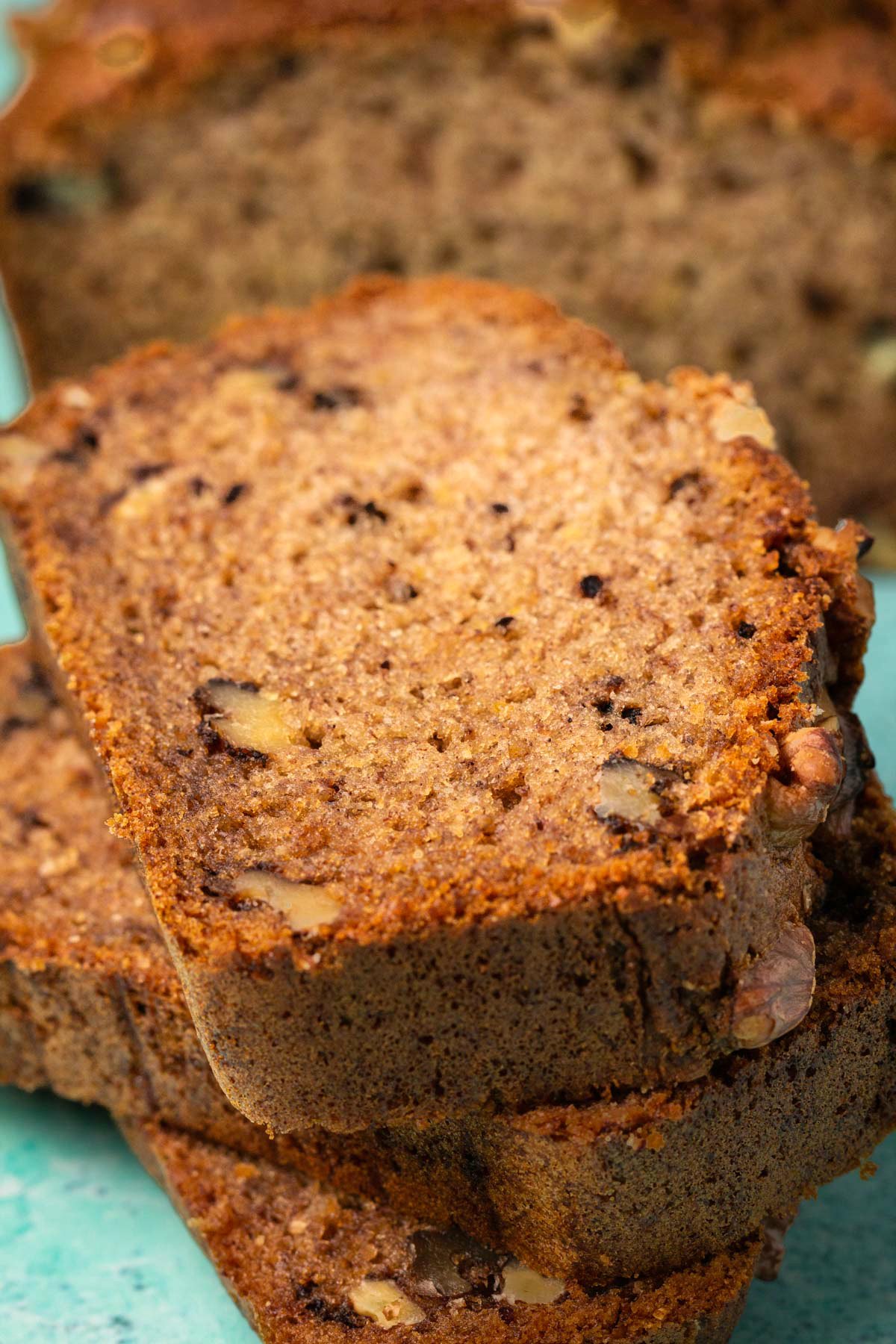 Slices of vegan gluten free banana bread. 