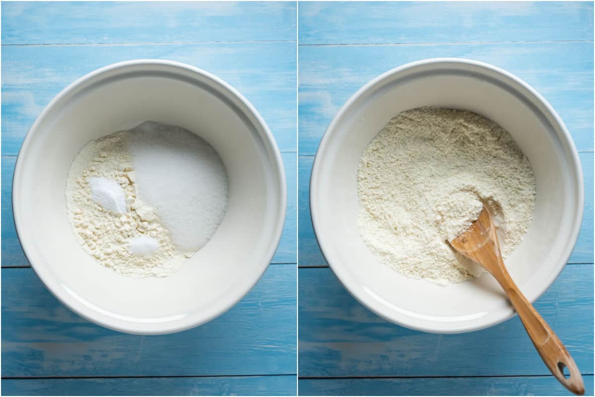 Two photo collage showing dry ingredients added to mixing bowl and mixed together.