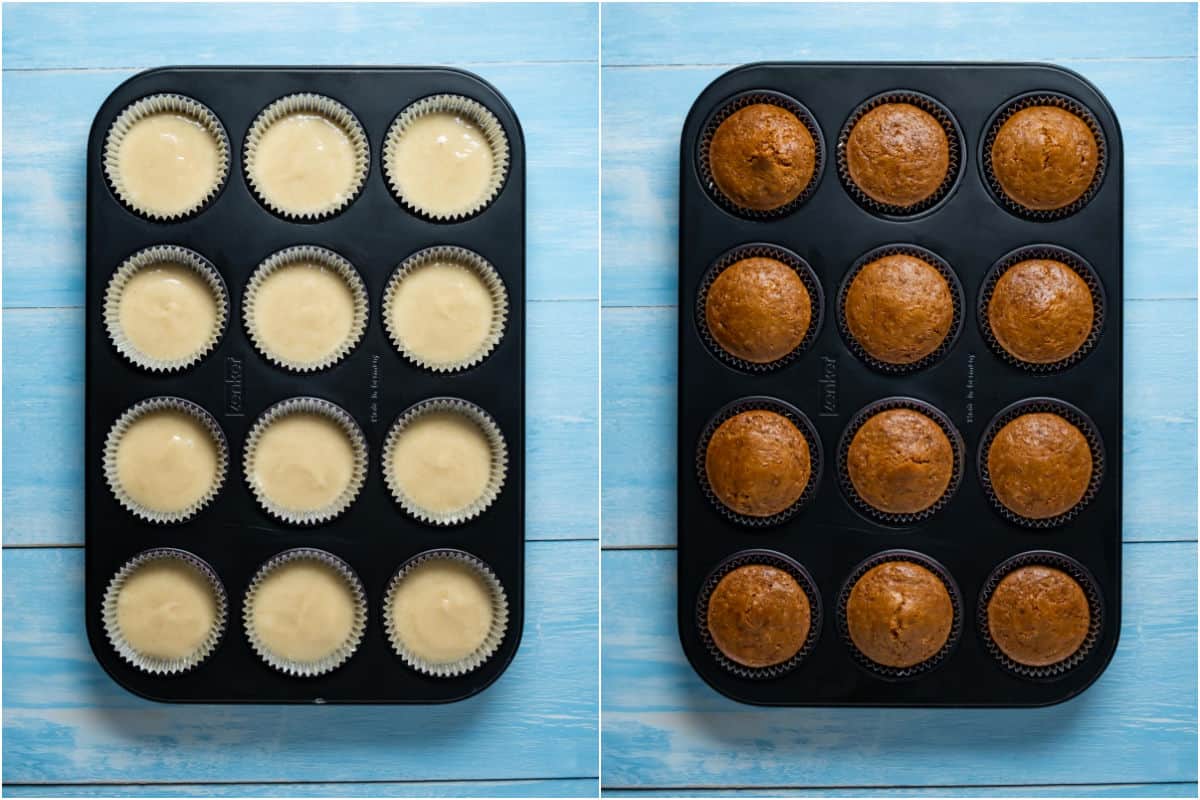 Two photo collage showing cupcakes before and after baking.