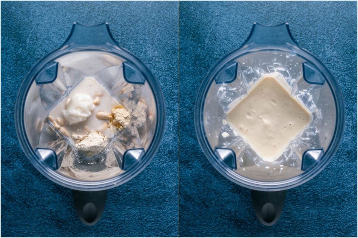 Two photo collage showing ingredients added to blender and blended.