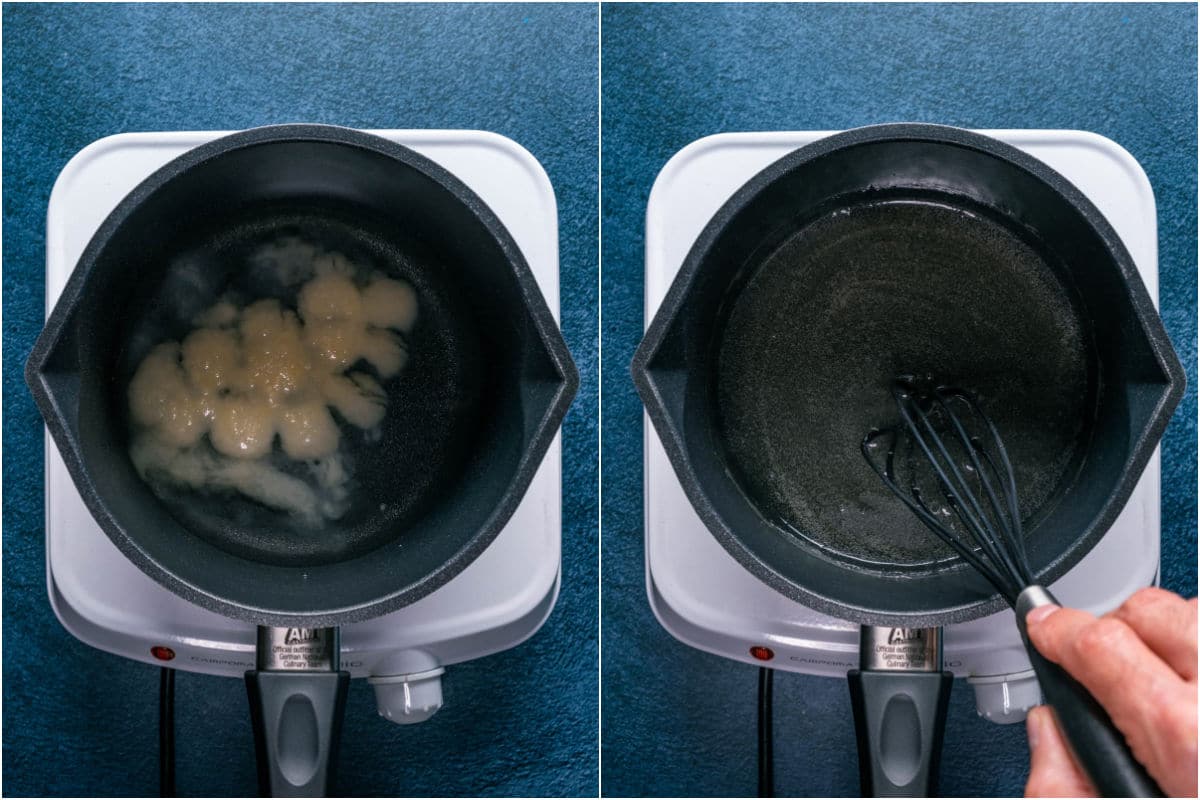 Two photo collage showing agar agar and water added to saucepan and boiled together.