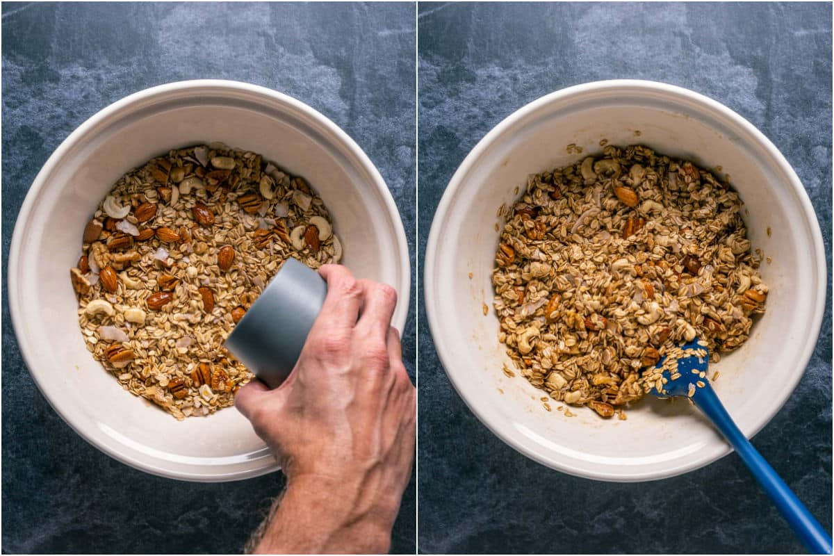 Melted coconut oil, maple syrup and vanilla added to bowl and mixed in.