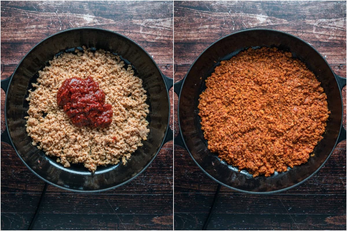 Textured vegetable protein and spice mix added to hot skillet and sautéed.