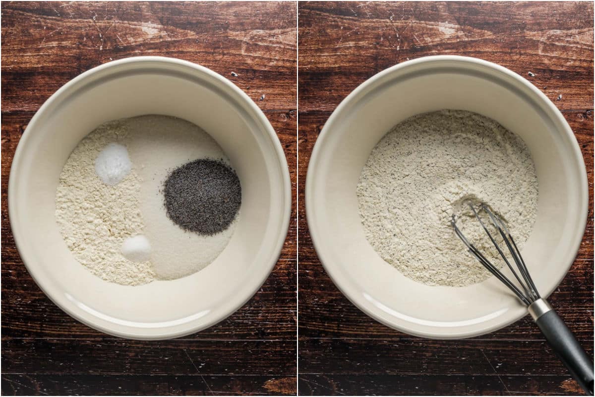 Dry ingredients added to mixing bowl and mixed.