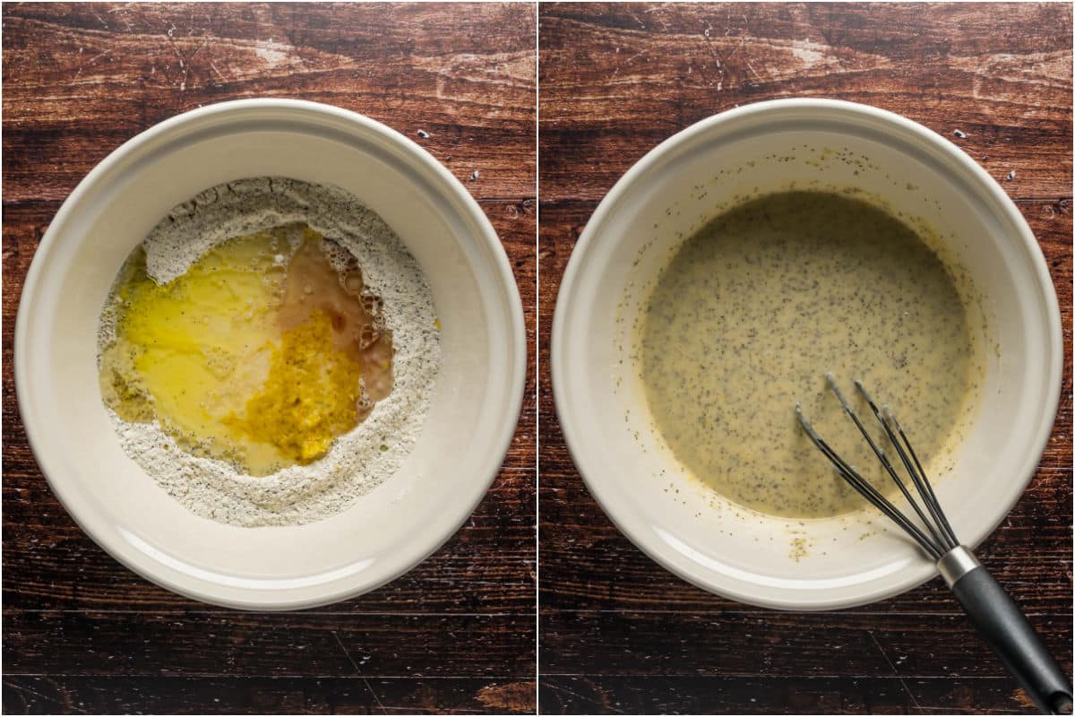 Wet ingredients added to mixing bowl and mixed into a batter.