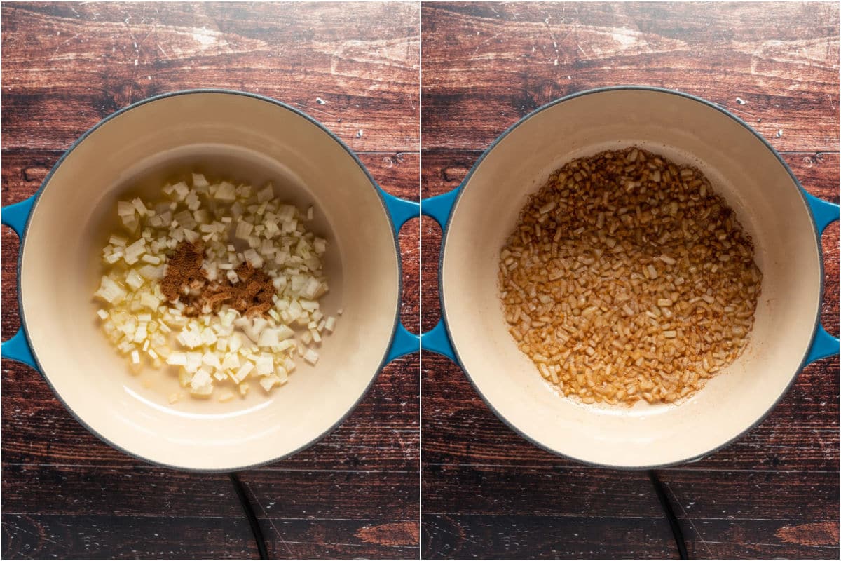 Two photo collage showing chopped onions, olive oil and cumin added to pot and sautéed.