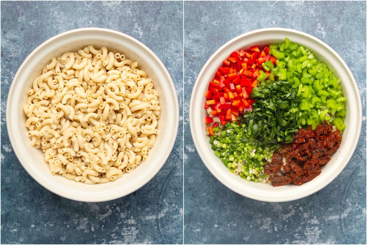 Cooked macaroni added to mixing bowl, fresh chopped veggies on top.