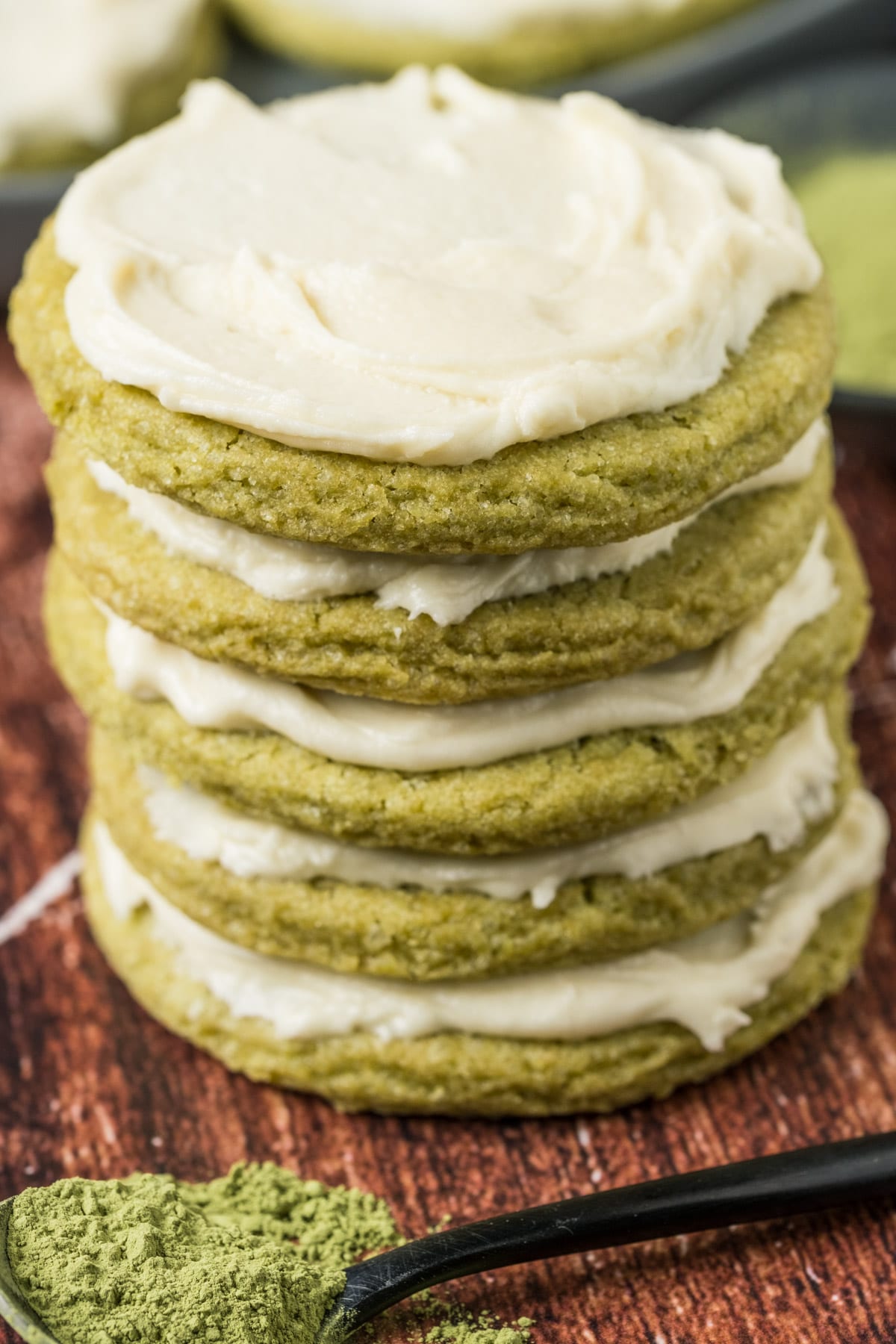 Vegan matcha cookies in a stack.