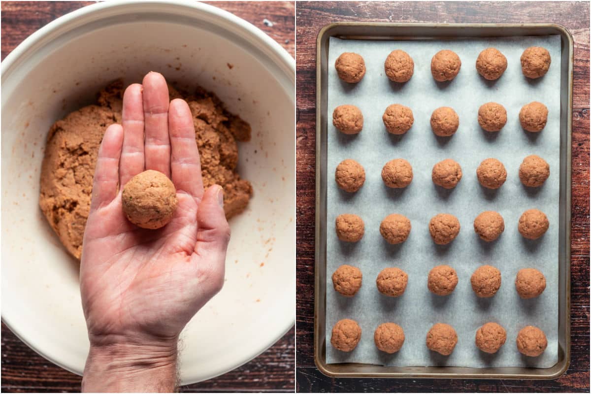 Scooping the dough and rolling it into balls, placing them on a parchment lined tray.