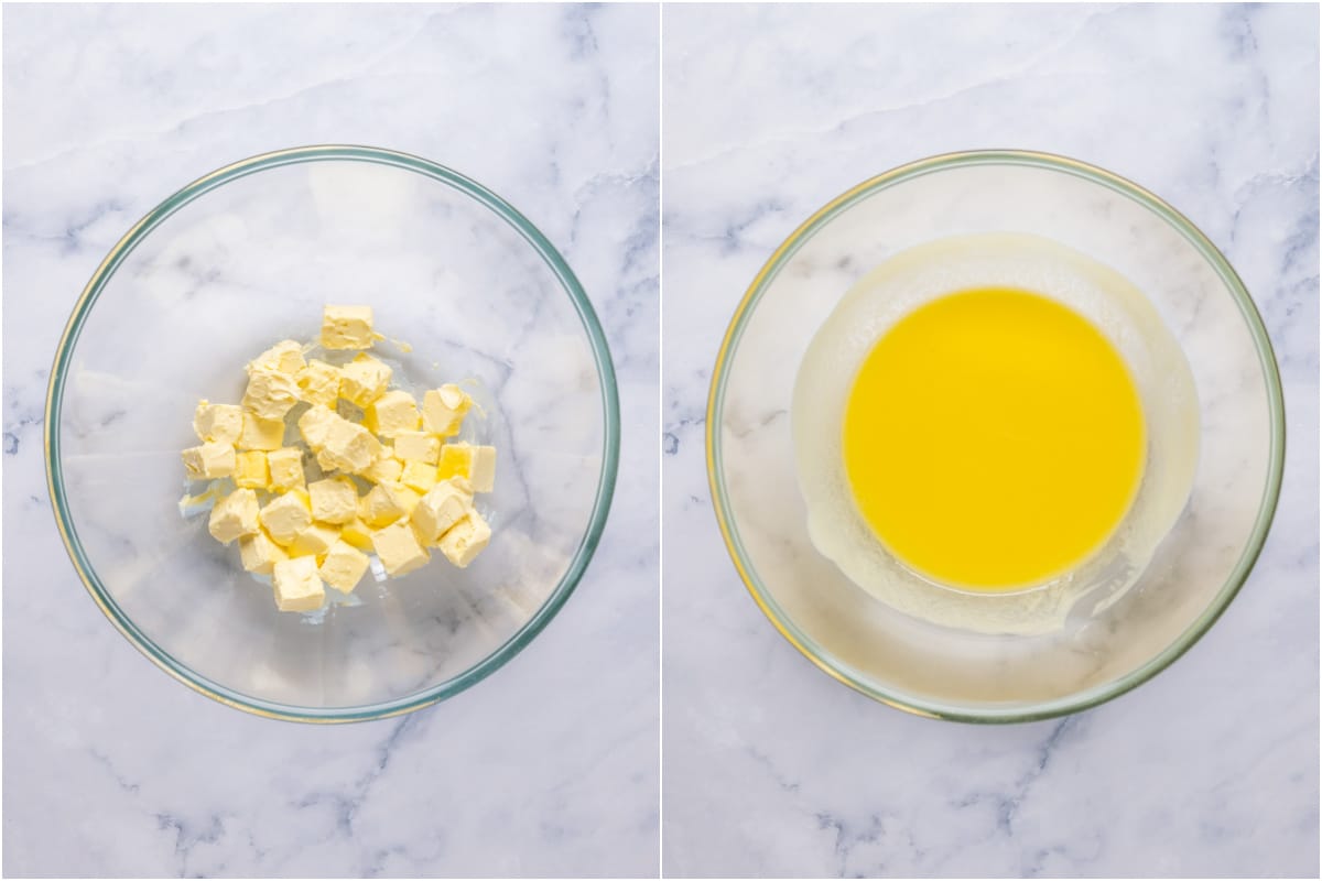 Two photo collage showing vegan butter added to microwave safe bowl and melted.