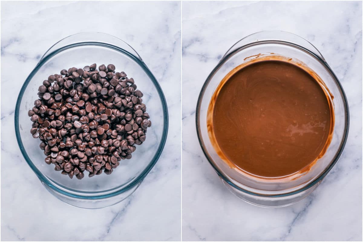 Two photo collage showing vegan chocolate chips and oil added to microwave safe bowl and melted.