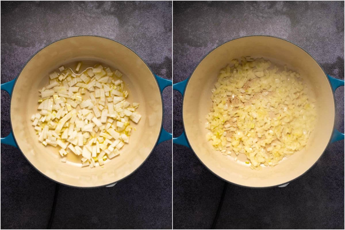 Two photo collage showing mushrooms and oil added to pot and sautéed. 