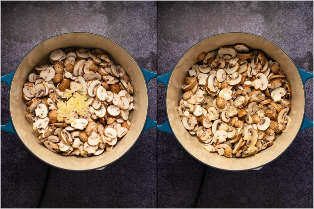 Two photo collage showing mushrooms and garlic added to pot and tossed with the onions.