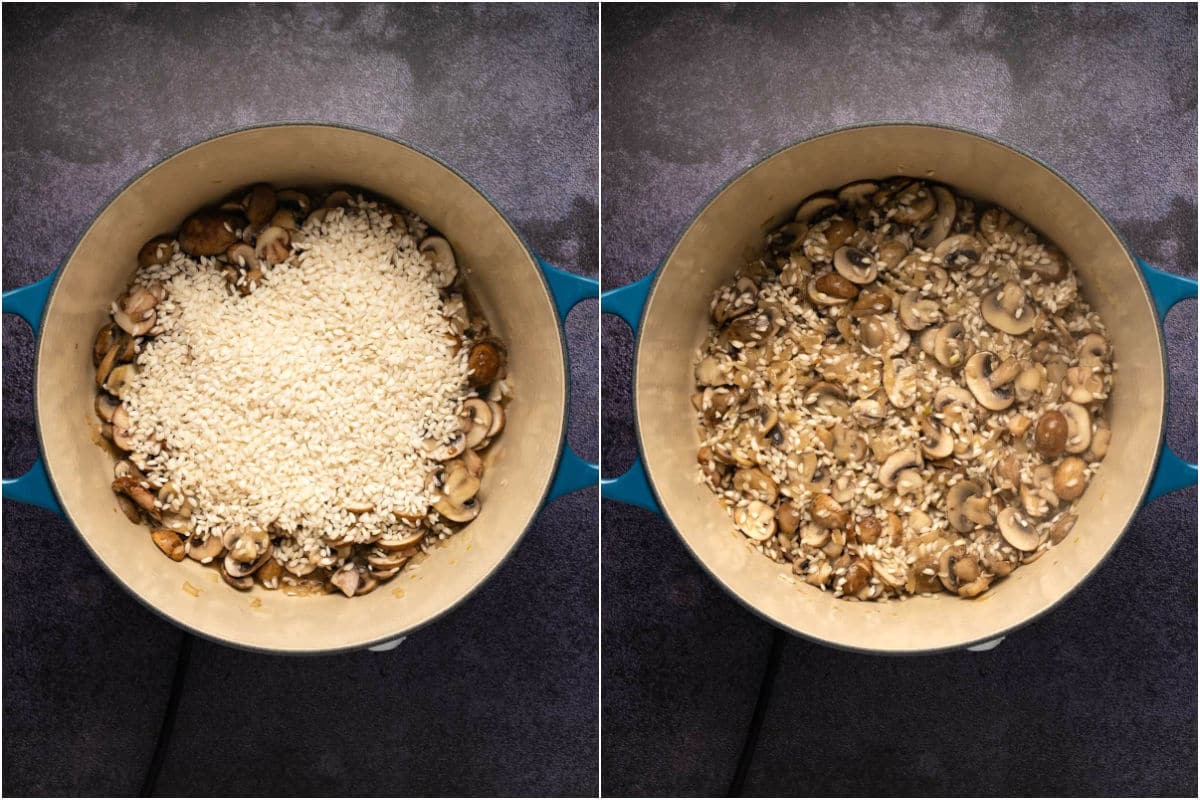 Two photo collage showing risotto rice added to pot and tossed with the mushrooms and onions.