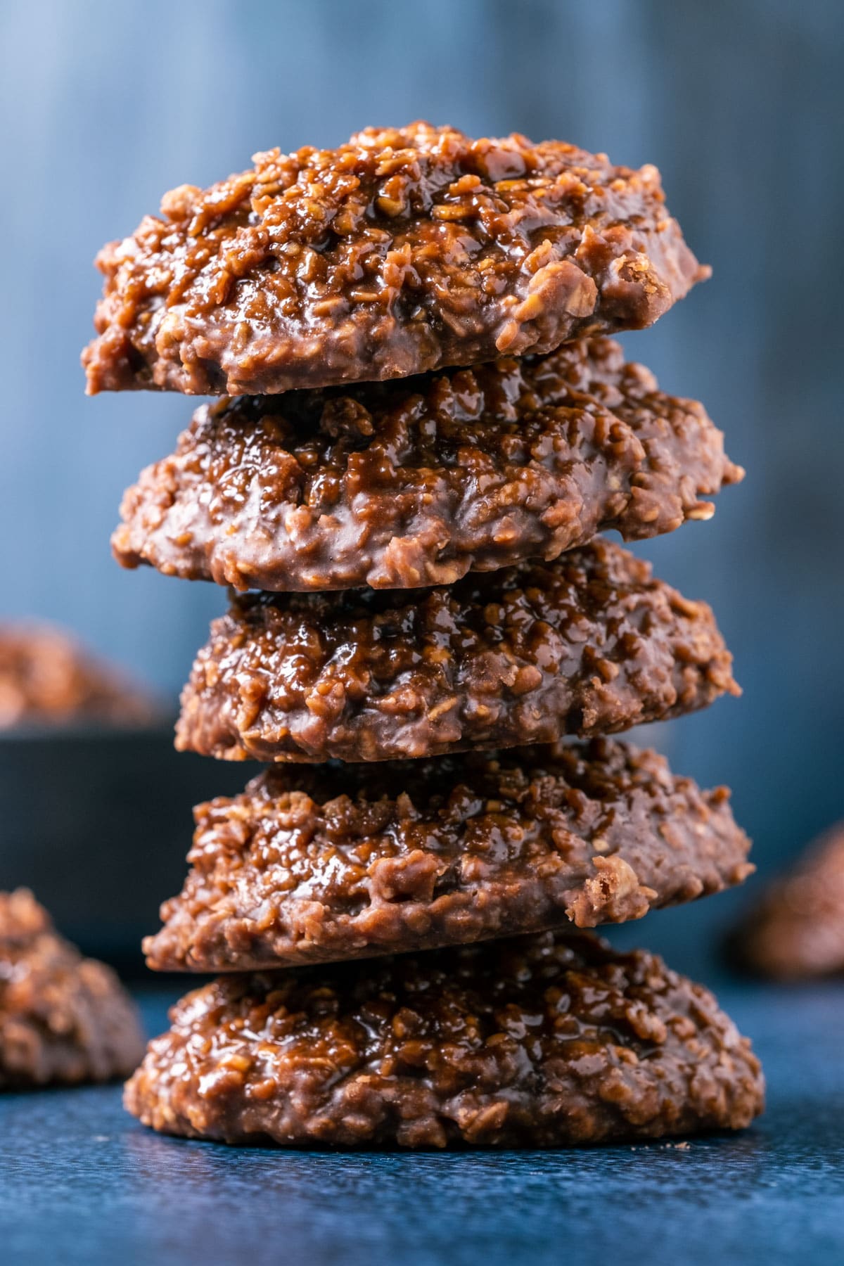 Vegan no bake cookies in a stack. 