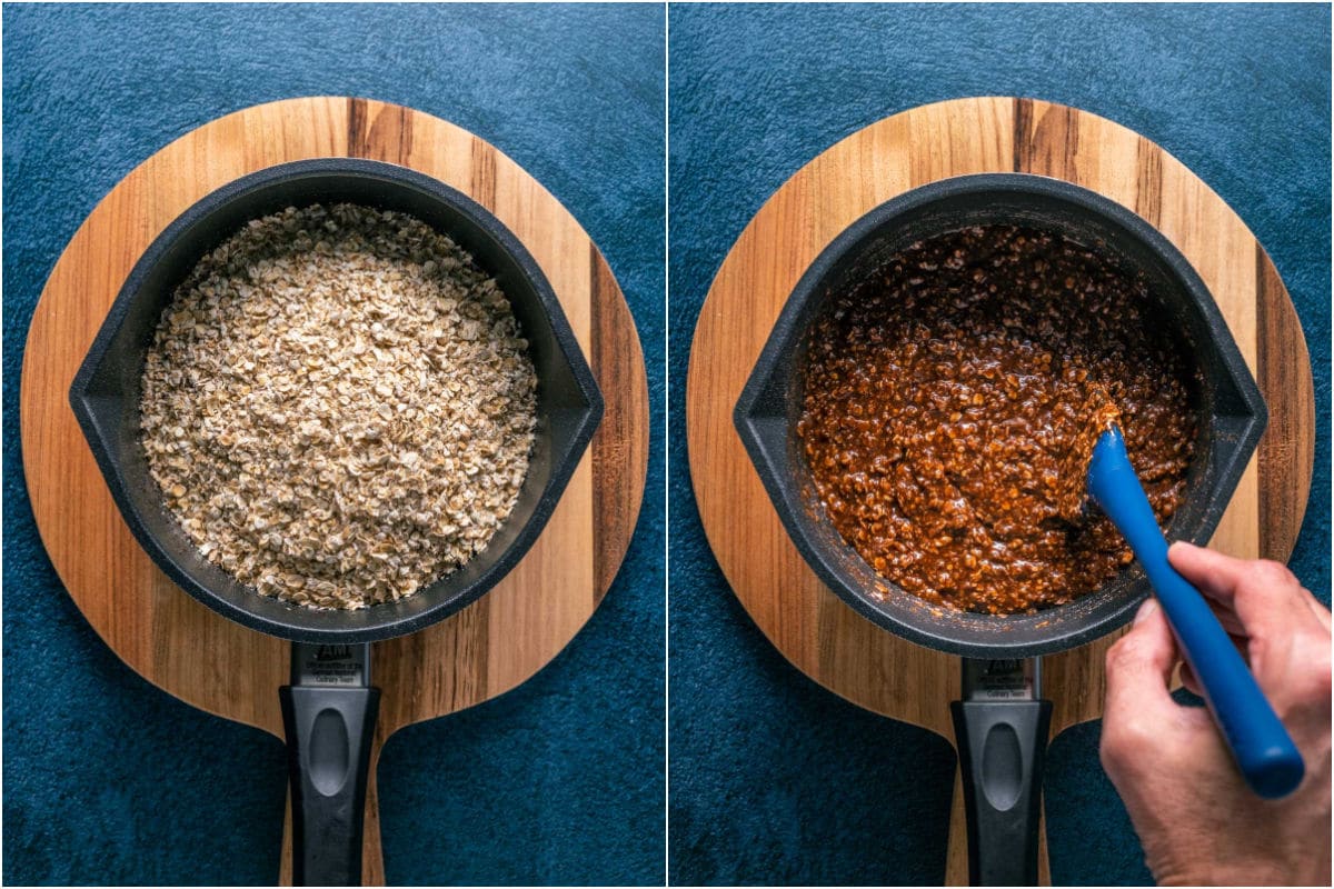 Two photo collage showing quick cooking oats added to saucepan and mixed in.