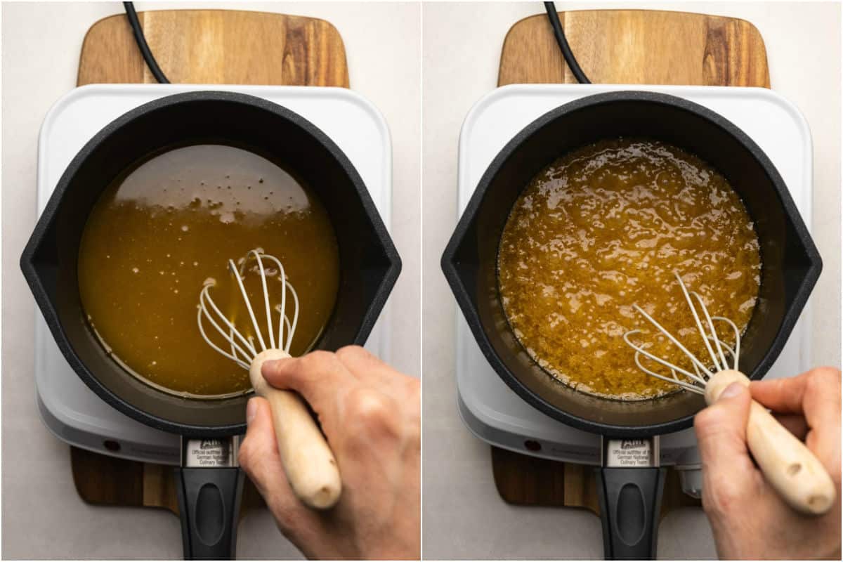 Vegan butter, syrup and sugar mix brought to boil in the saucepan.