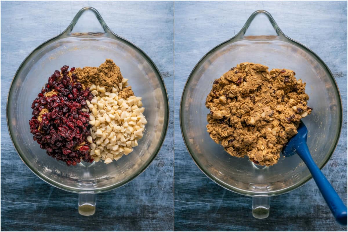 Cranberries and macadamia nuts added to cookie dough and mixed in.