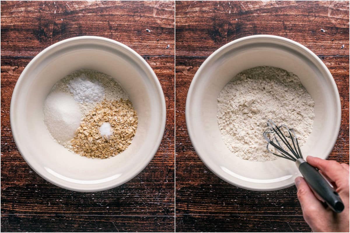 Dry ingredients added to mixing bowl and mixed.