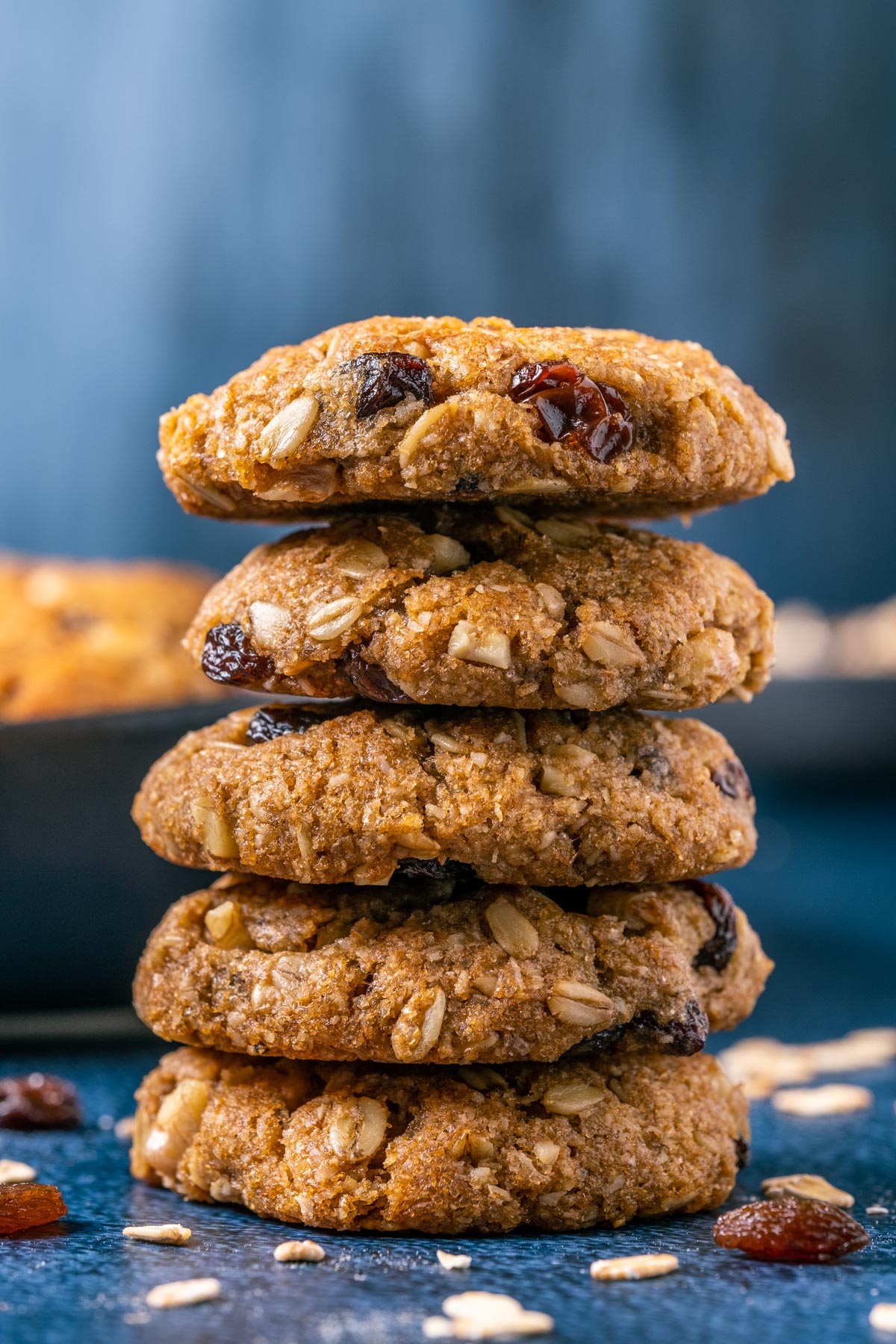 Vegan oatmeal raisin cookies in a stack.