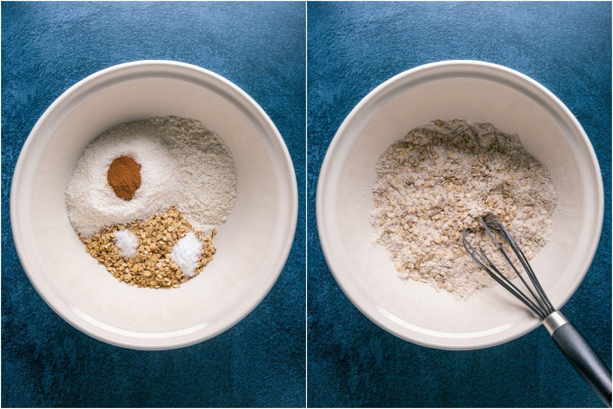 Two photo collage showing dry ingredients added to mixing bowl and mixed together.