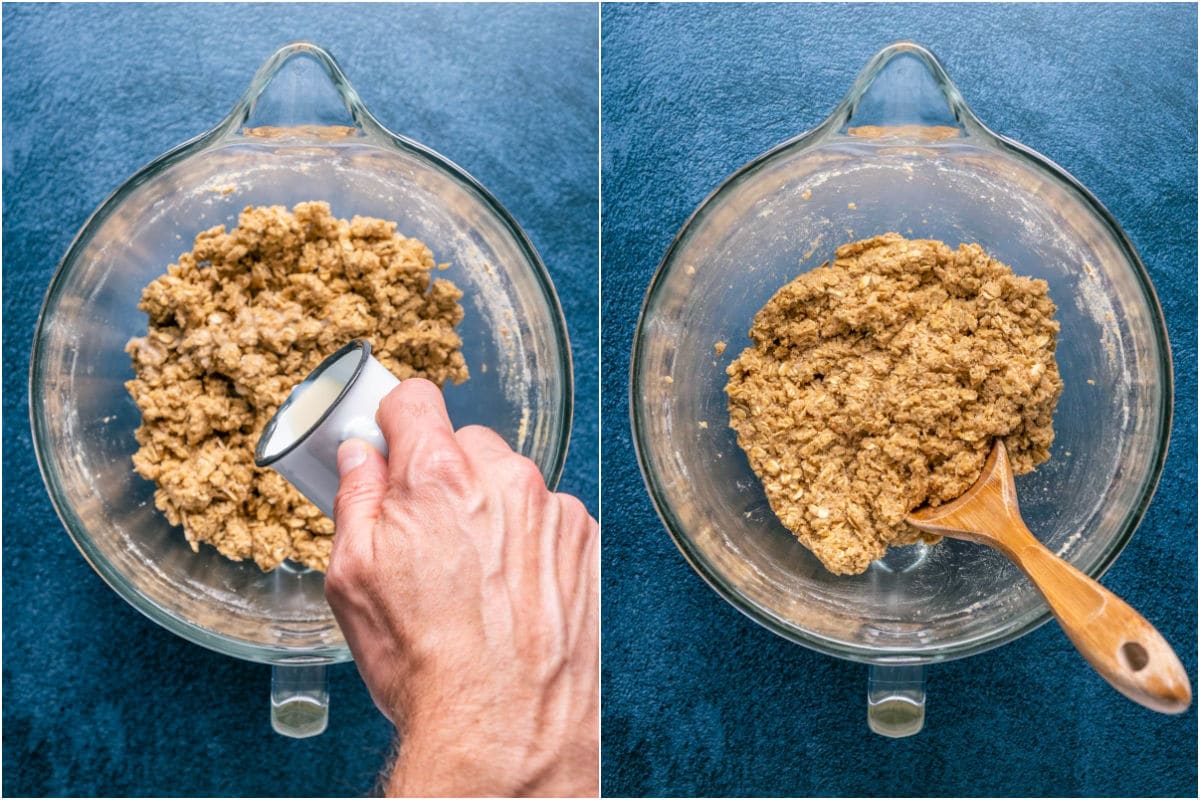 Two photo collage showing soy milk added to cookie dough and mixed in.