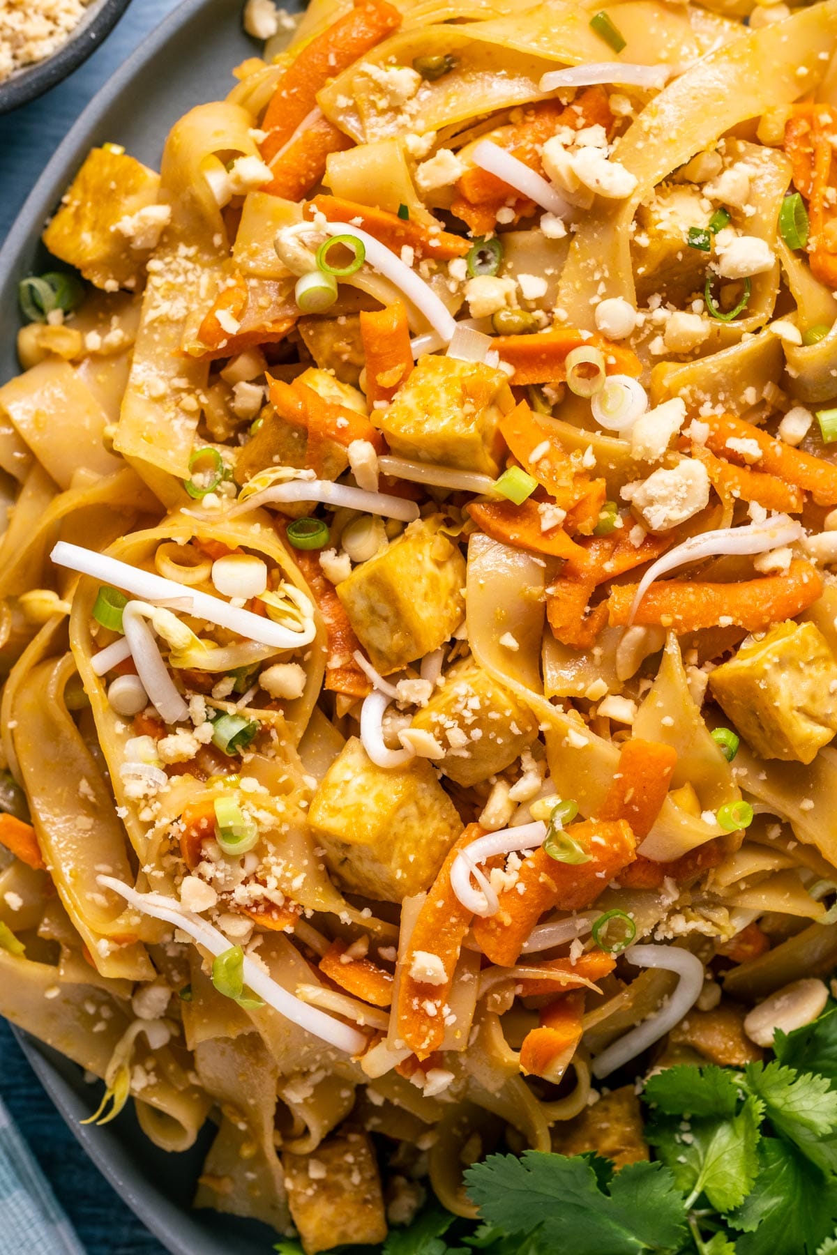 Vegan pad thai on a gray plate with bean sprouts, peanuts and cilantro.