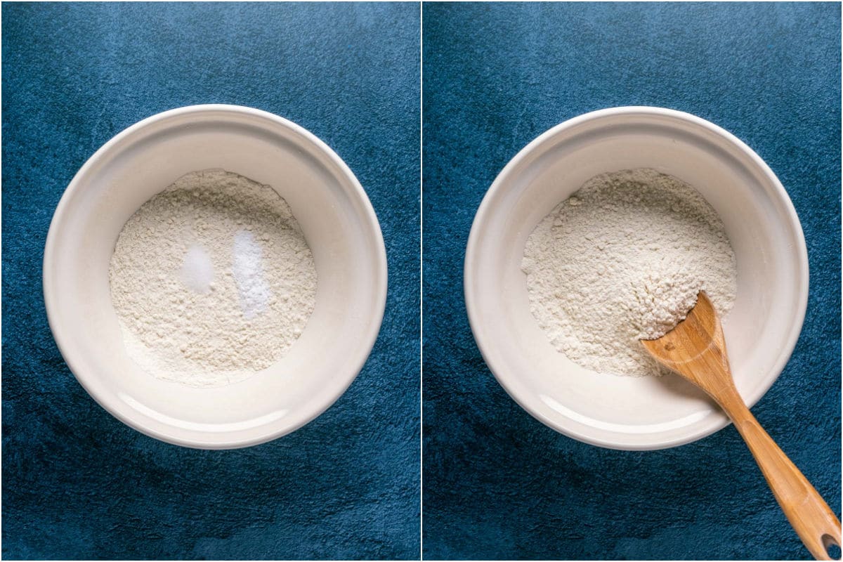 Collage of two photos showing dry ingredients added to mixing bowl and mixed.