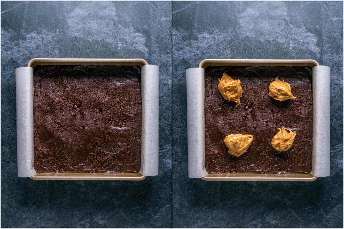 Brownie mix added to 9x9 baking dish and smoothed down, dollops of peanut butter placed on top.