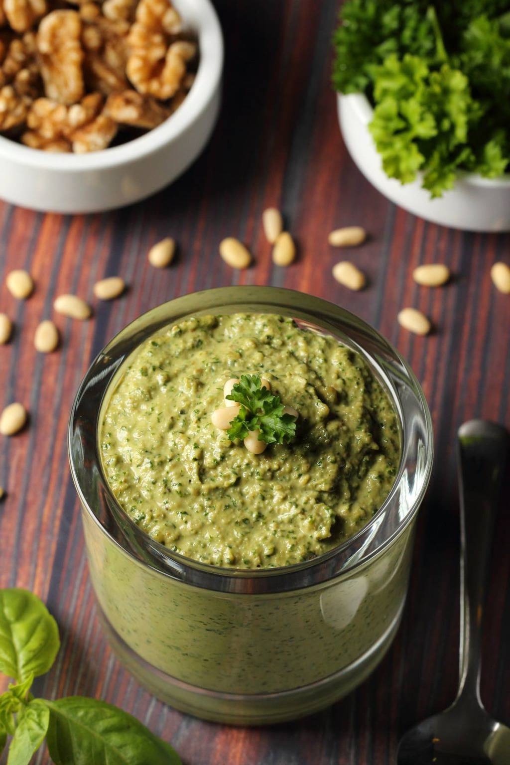 Vegan pesto in a glass jar.