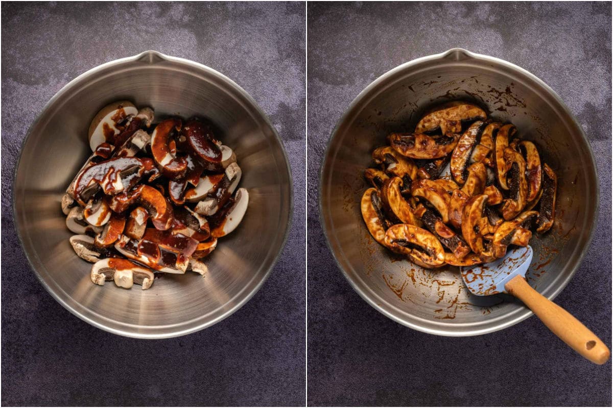 Sliced portobello mushrooms and basting sauce in a mixing bowl.